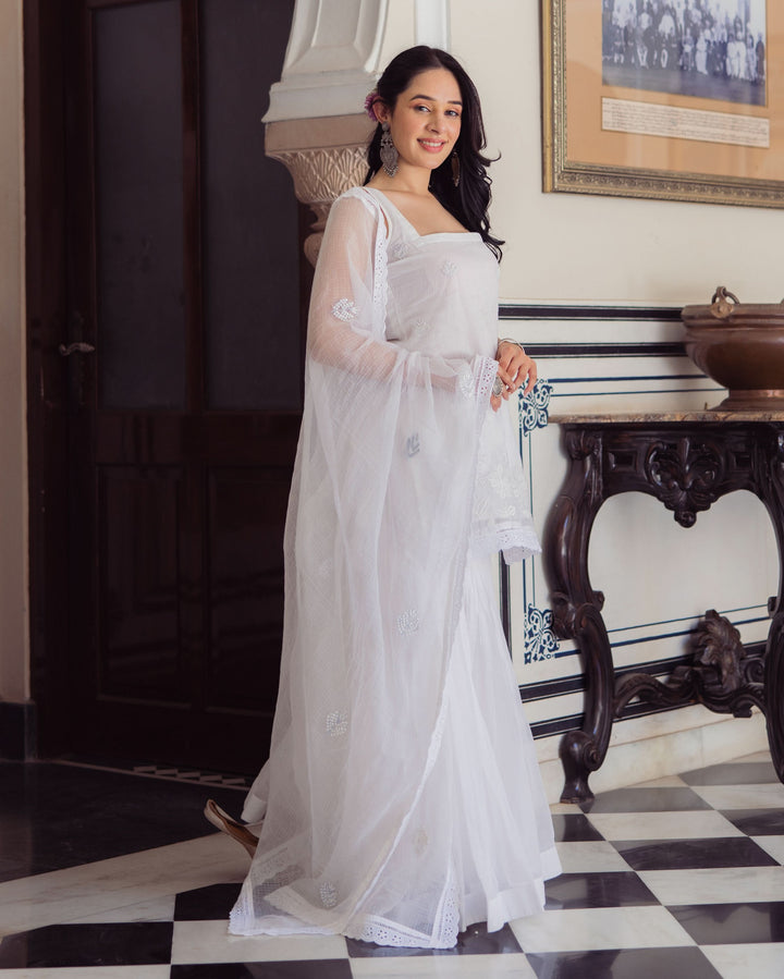 Gleaming White Embroidered Doria Sharara Set