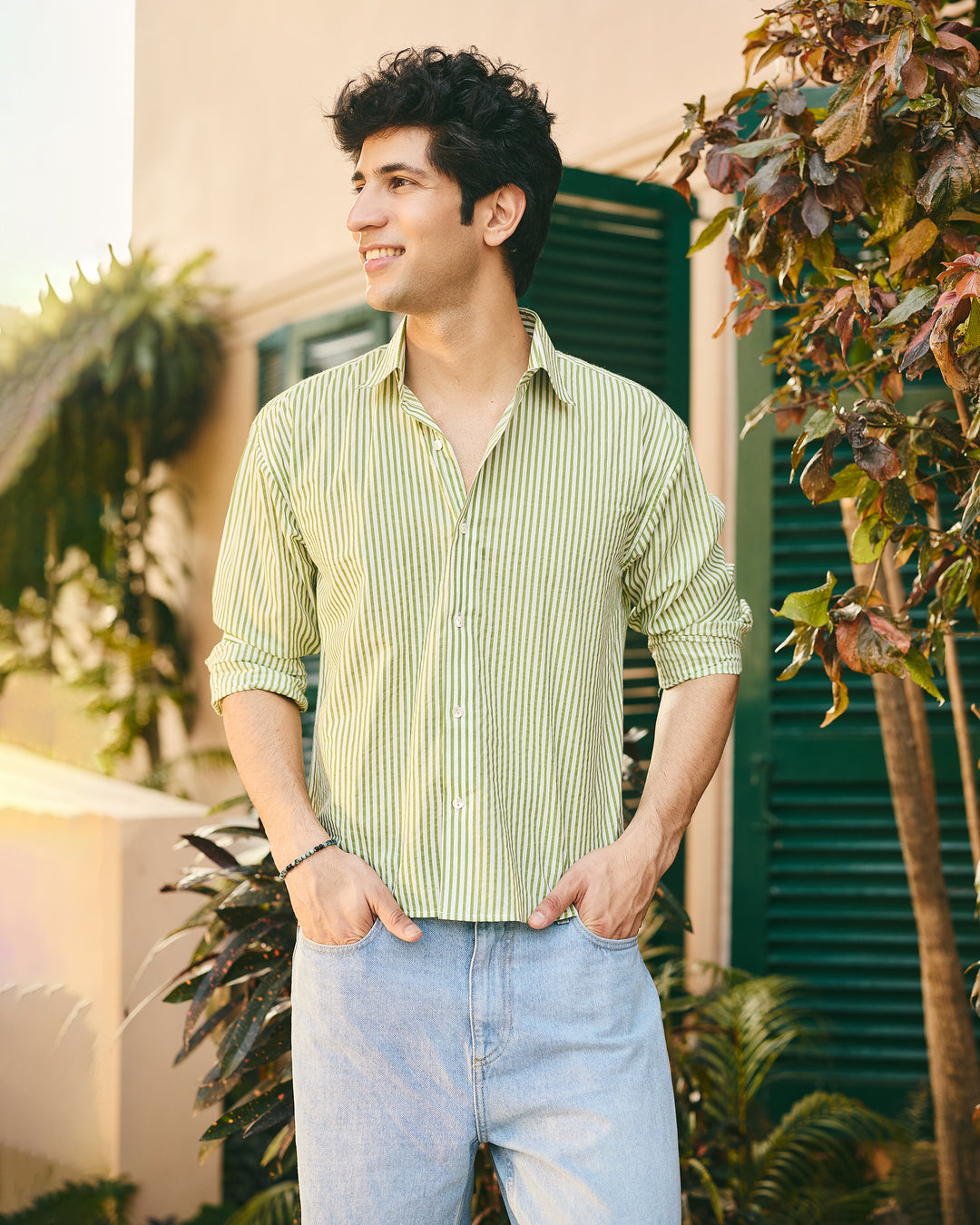 Nako Green Cotton Stripes Shirt
