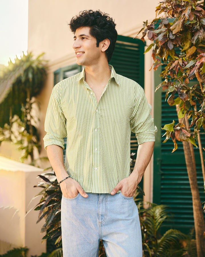 Nako Green Cotton Stripes Shirt