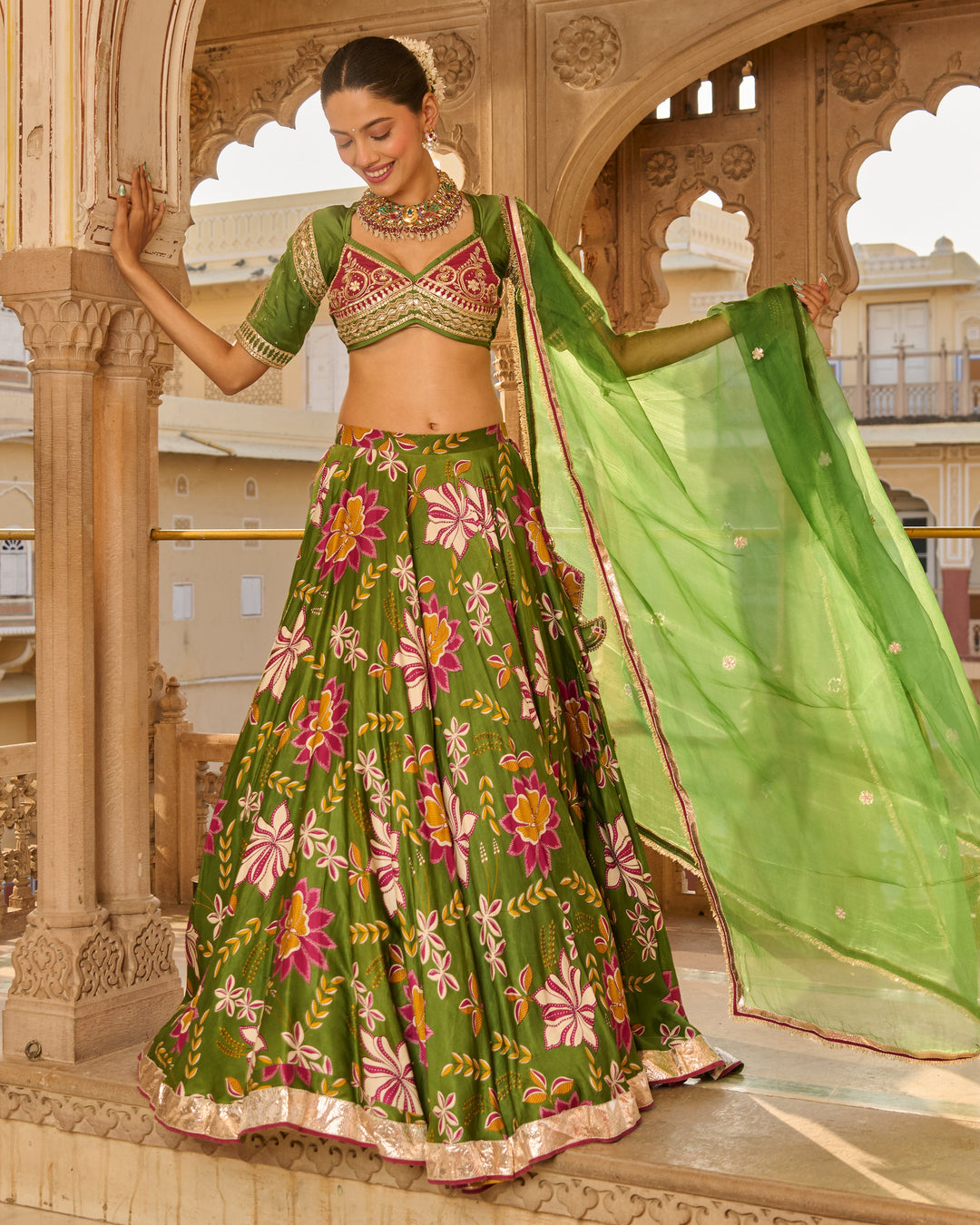 Zara Green Printed Satin Lehenga Set