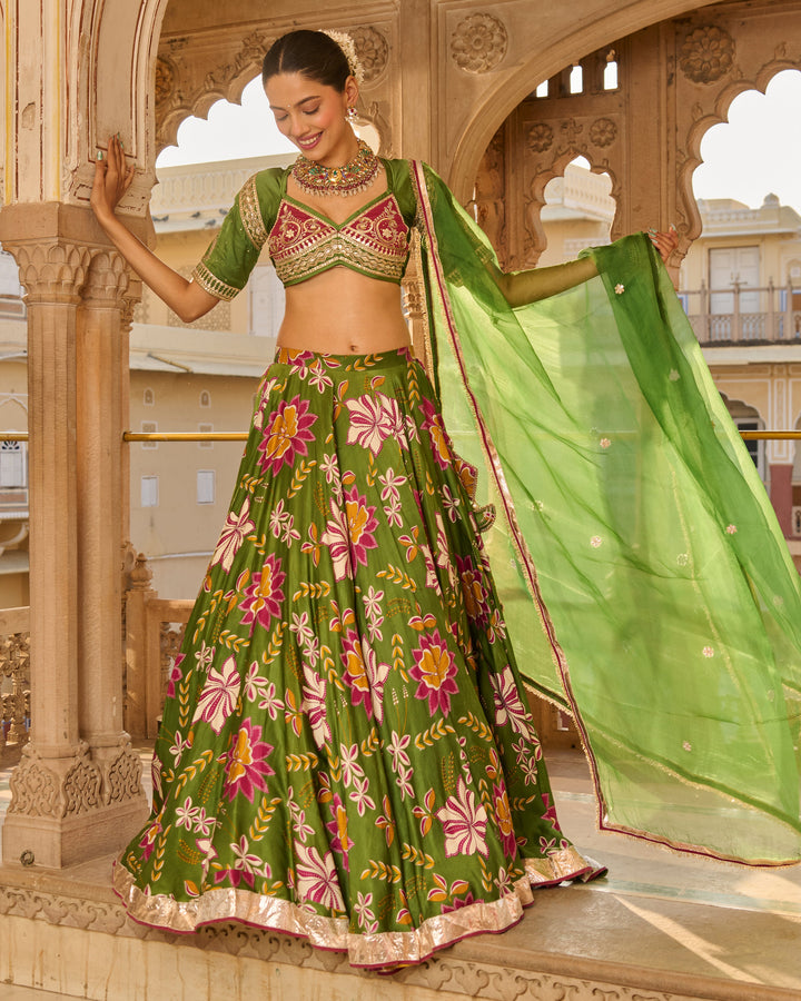 Zara Green Printed Satin Lehenga Set