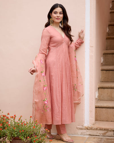 Kunda Peach Handpainted Chanderi Suit Set