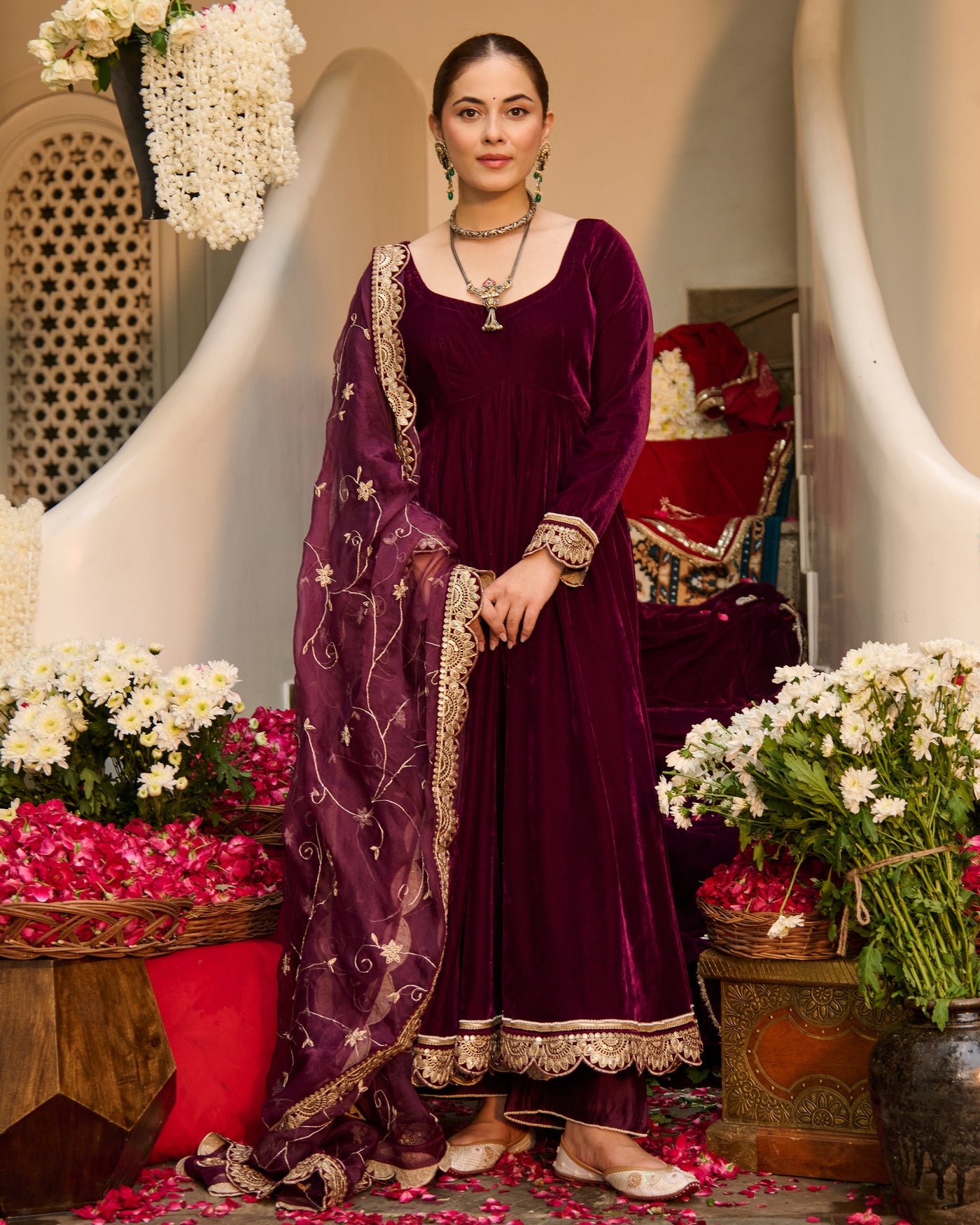 Mahika Purple Solid Velvet Suit Set