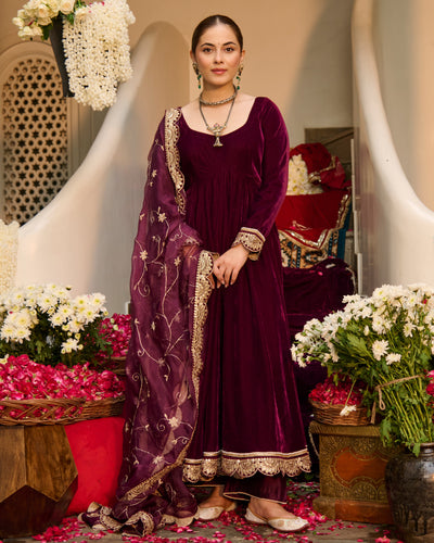 Mahika Purple Solid Velvet Suit Set