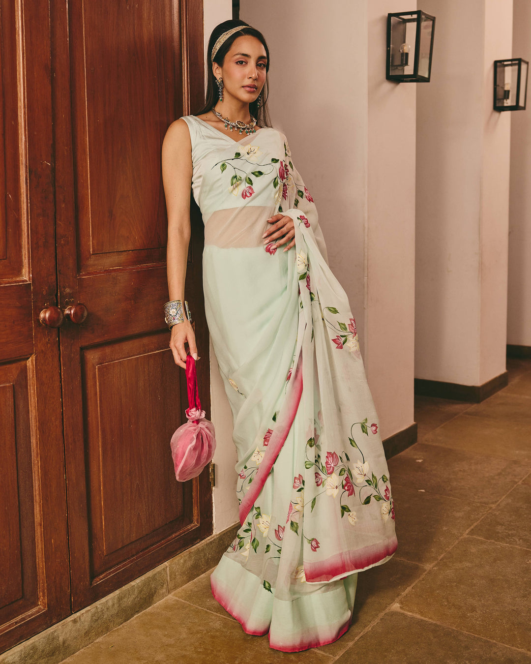 Glabra Sea Green Handpainted Chiffon Saree
