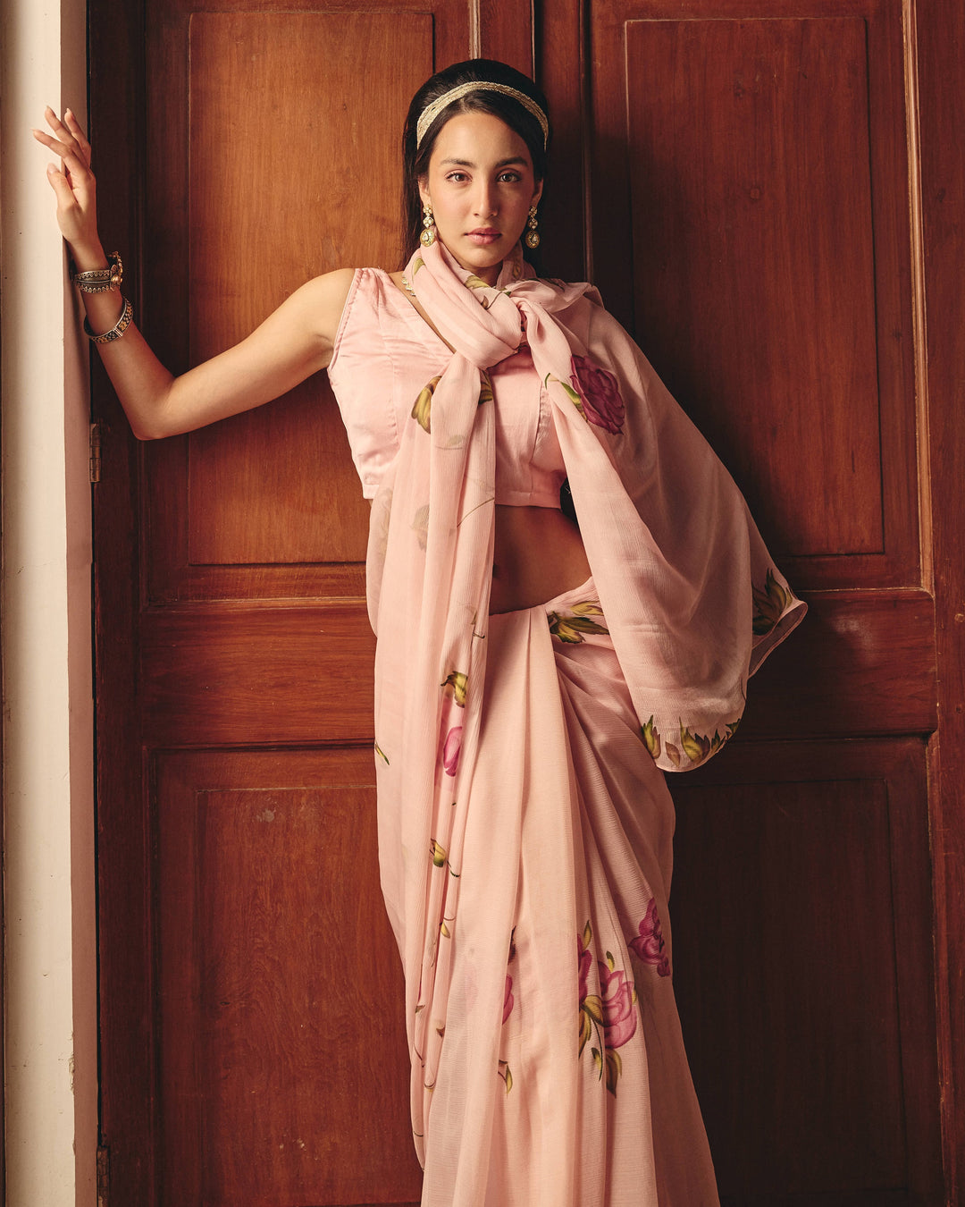 Chitra Rose Pink Handpainted Chiffon Saree