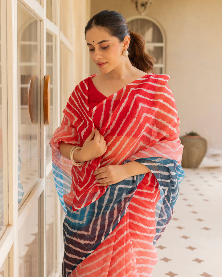 Kiran Red Blue Doria Leheriya Saree