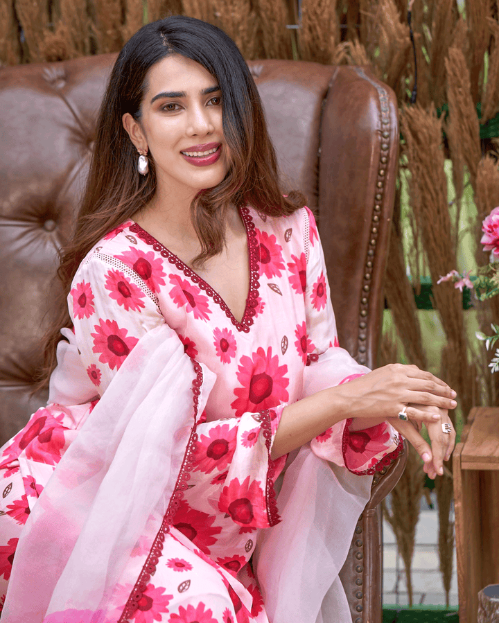 Nysa Pink Printed Silk Suit Set