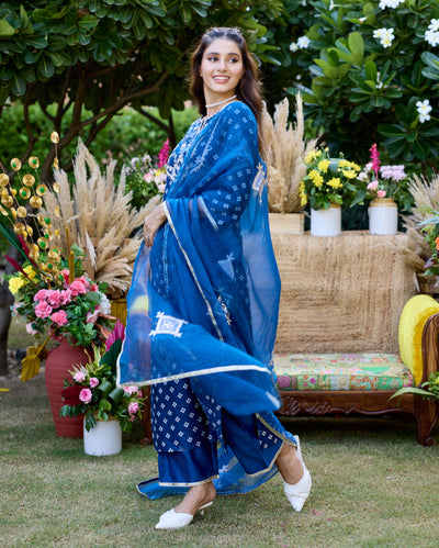 Sargam Blue Bandhani Chanderi Suit Set