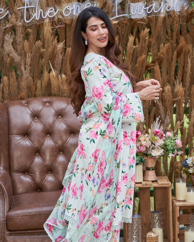 Zinnia Green Printed Cotton Suit Set