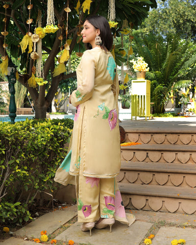 Daffodil Dreams Beige Handpainted Chinon Suit Set