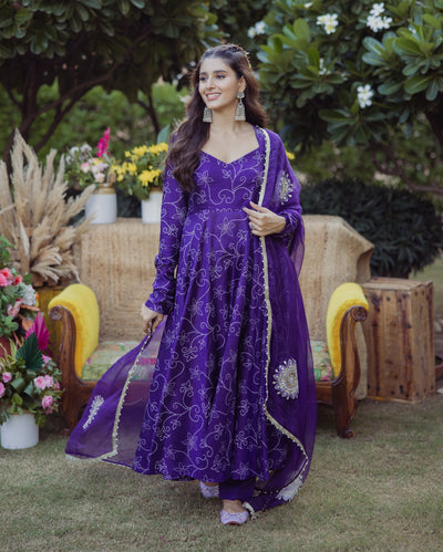 Anuraag Purple Bandhani Muslin Suit Set