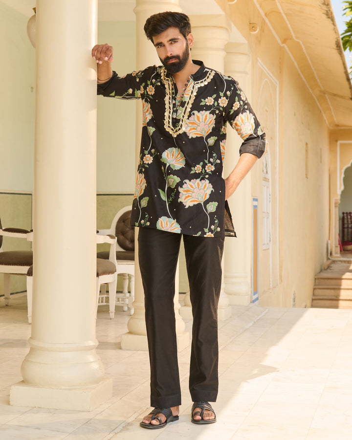 Rudra Black Printed Chanderi Kurta