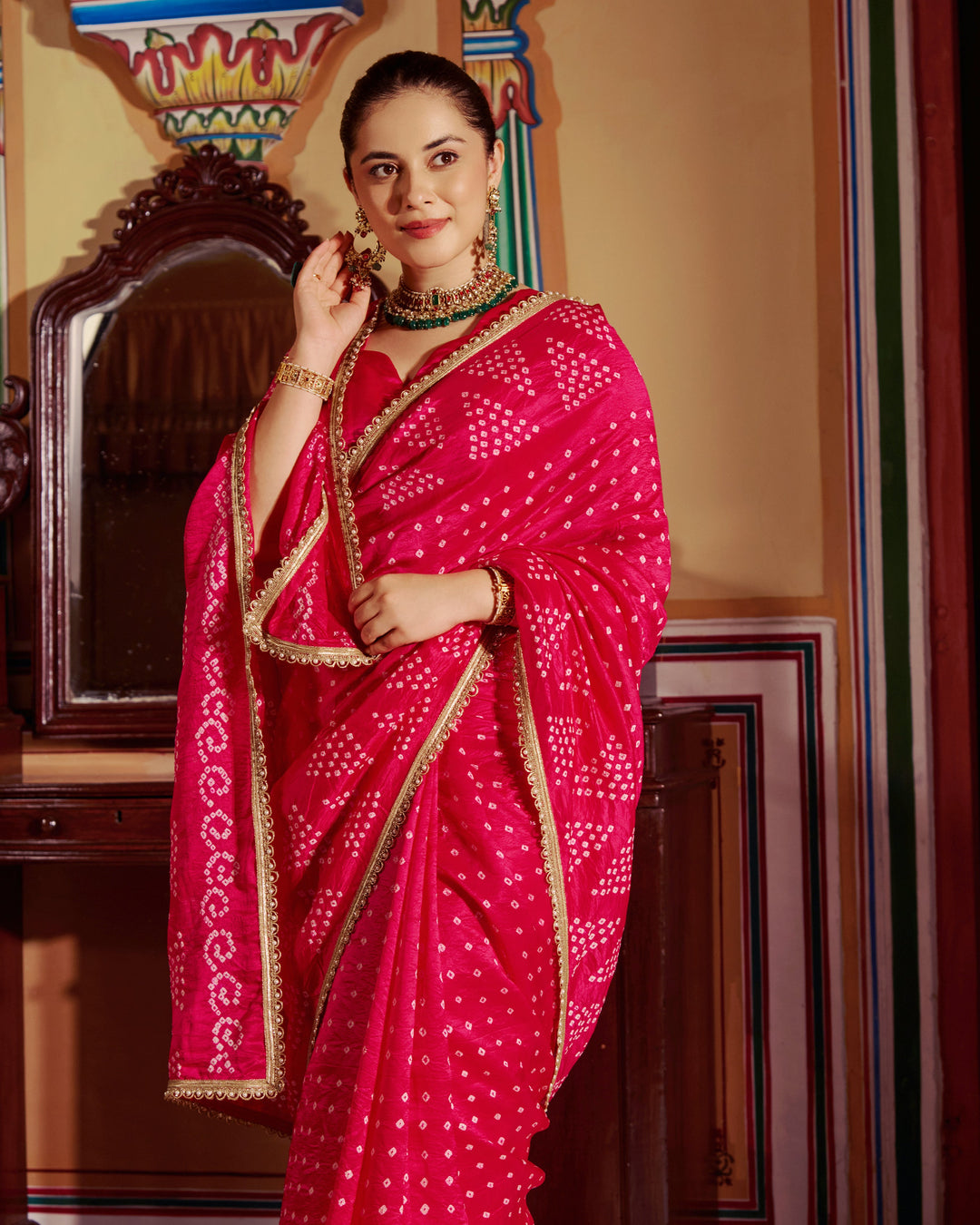 Rangika Pink Bandhej Silk Saree