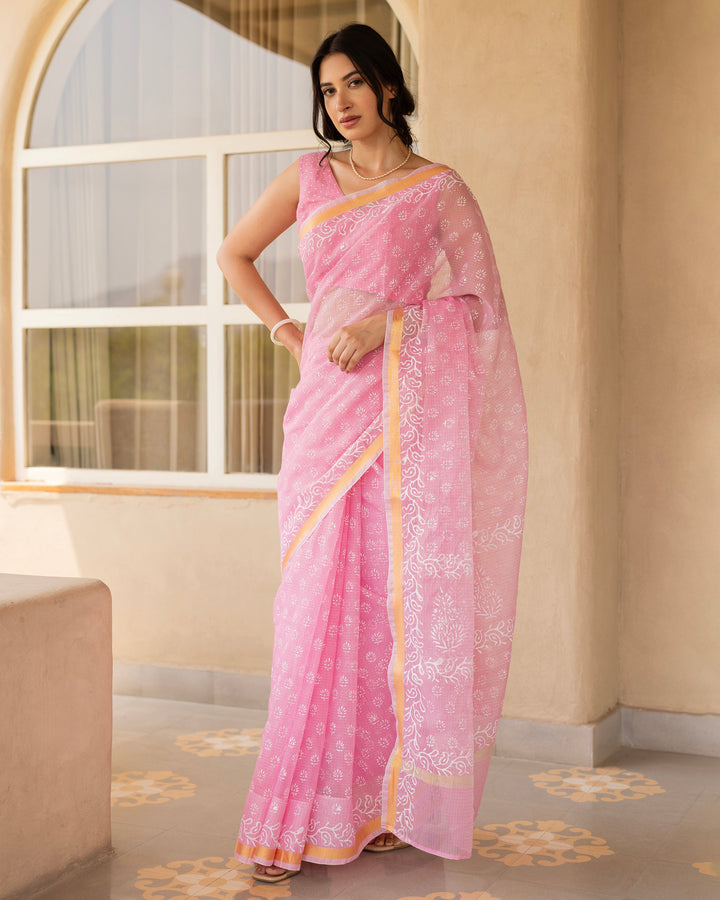 Saanvi Baby Pink Doria Printed Saree