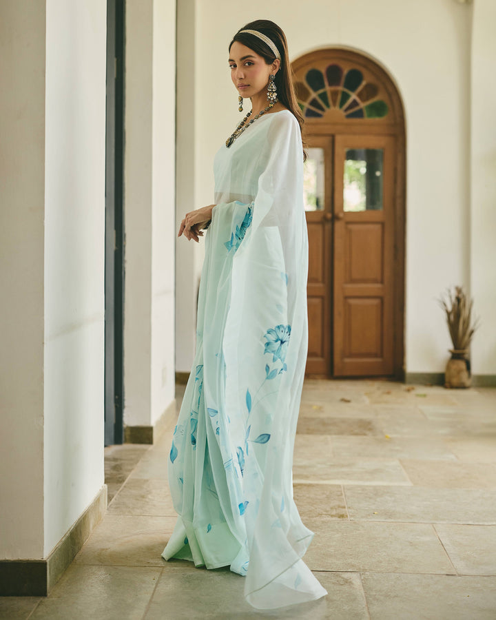 Lily Sea Green Handpainted Chiffon Saree