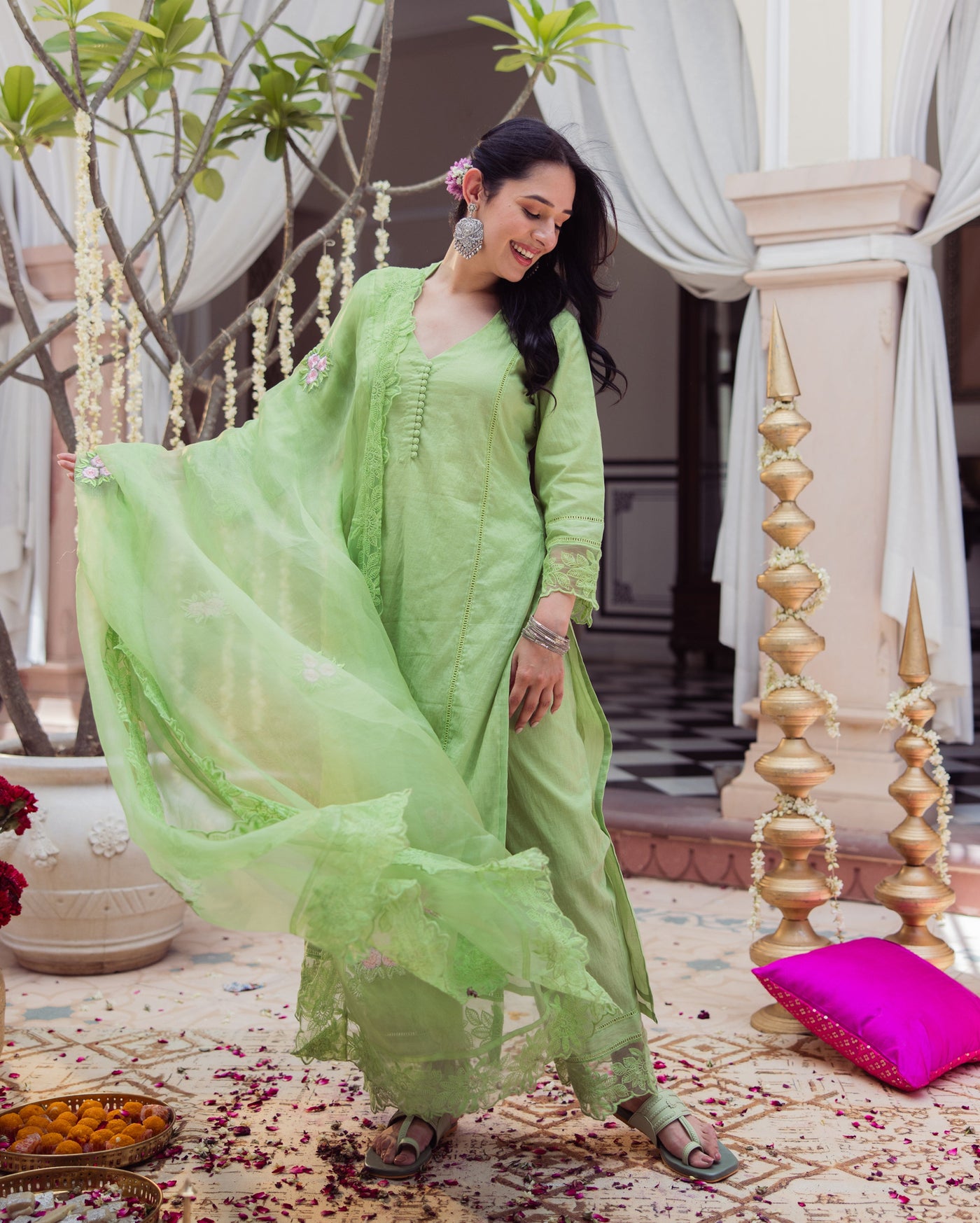 Neo Green Embroidered Chanderi Suit Set