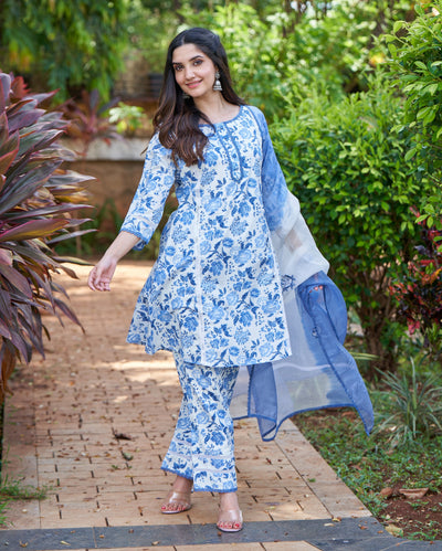 Fresh Blue Printed Cotton Suit Set