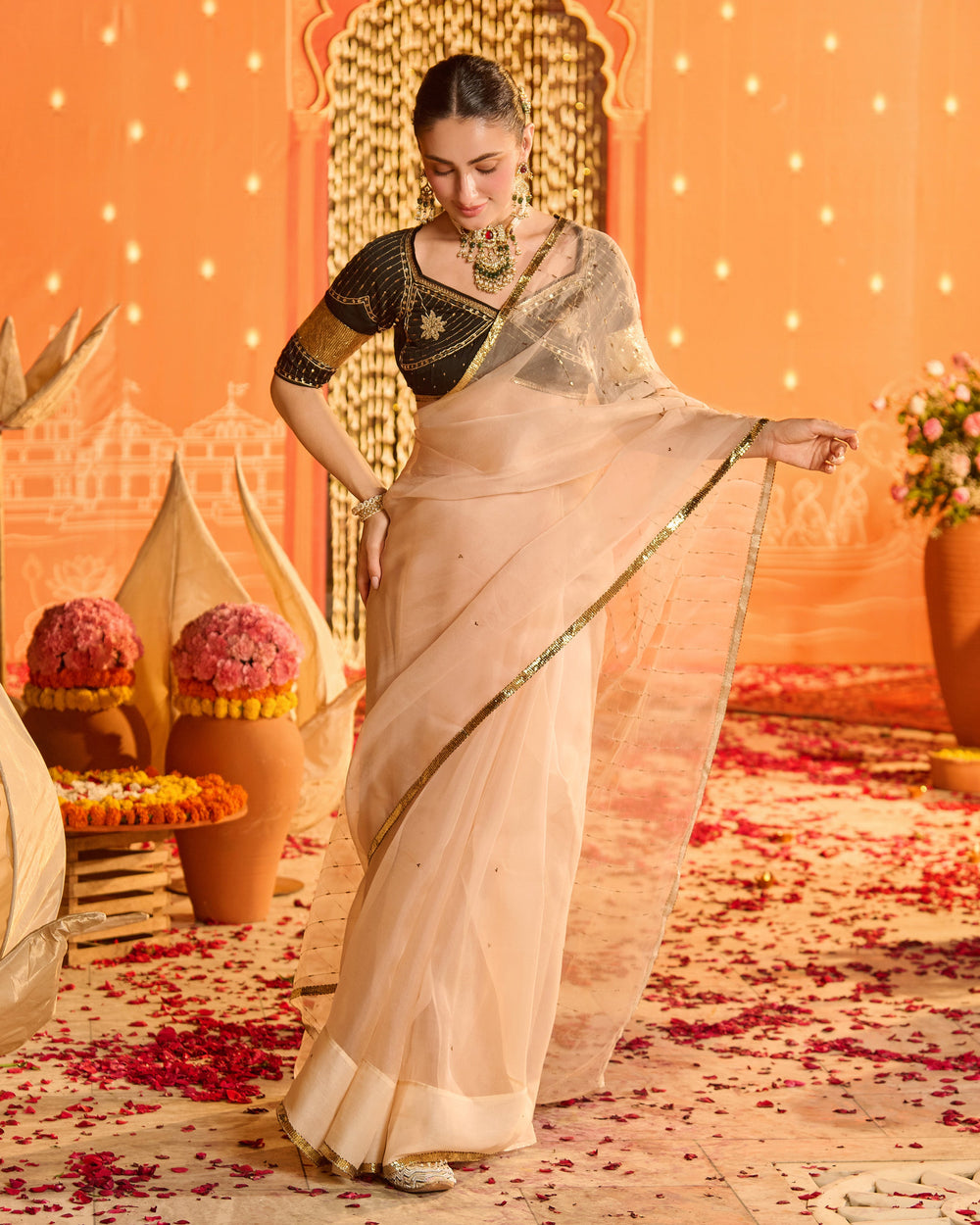 Amaira Black Embroidered Satin Aangi Blouse And Saree