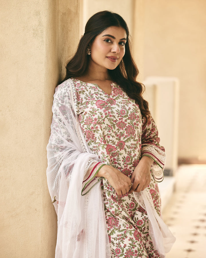 Sasha White Cotton Printed Suit Set
