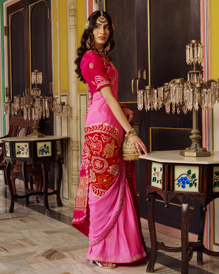 Boond Pink Embroidered Kajol Bandhej Silk Saree
