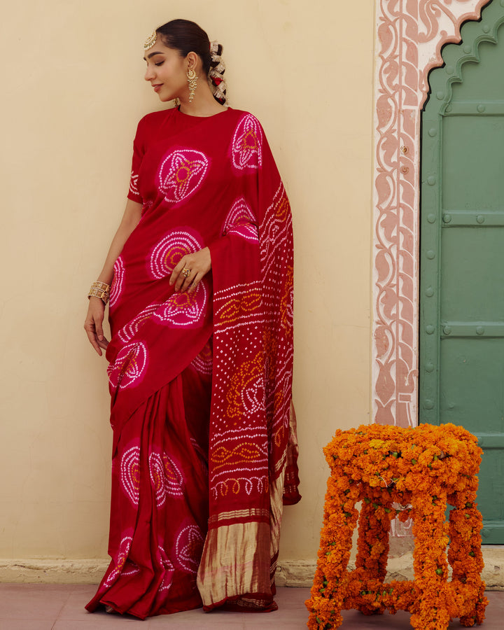 Maru Red Bandhej Silk Saree