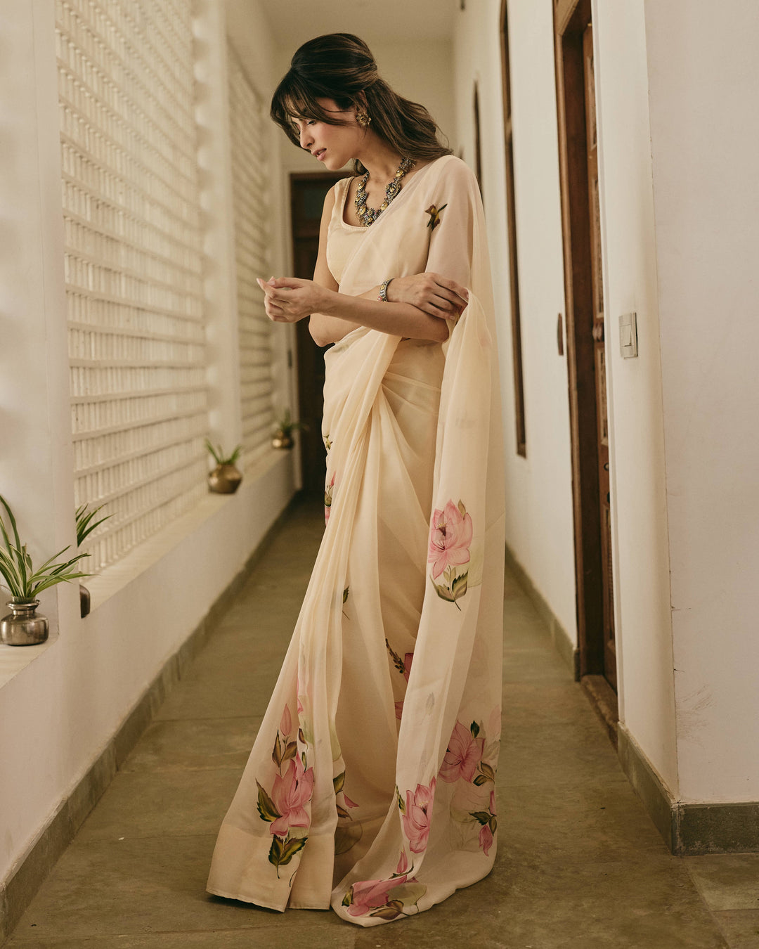 Mallika Peach Handpainted Chiffon Saree