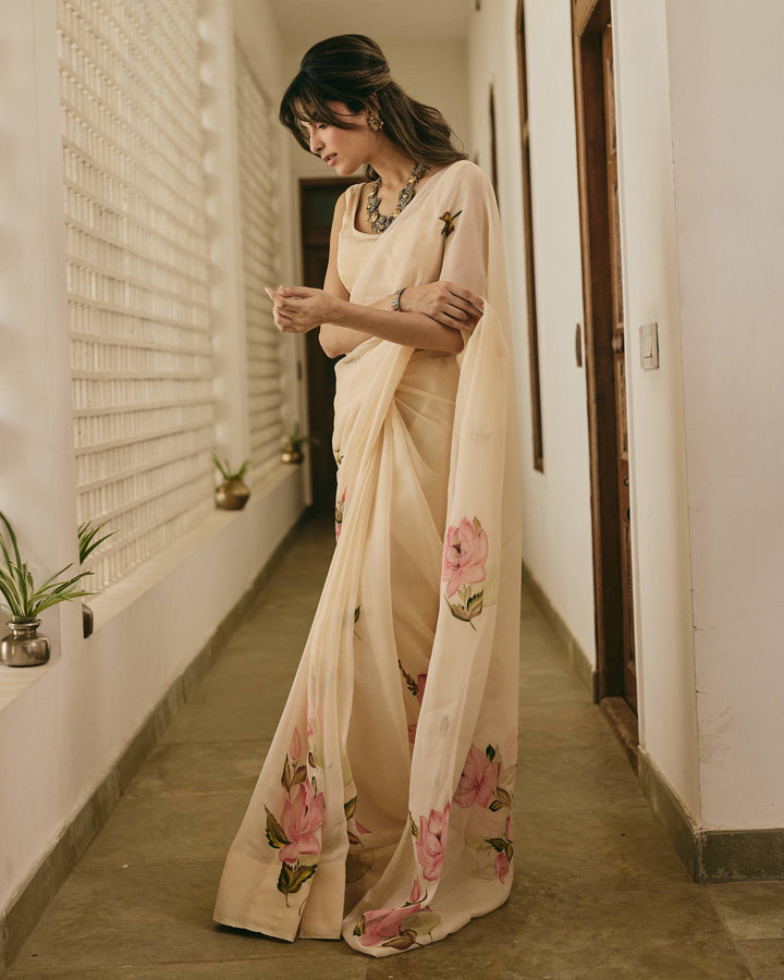 Mallika Peach Handpainted Chiffon Saree
