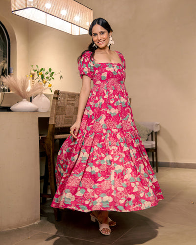 Rose Mist Pink Cotton Printed Dress
