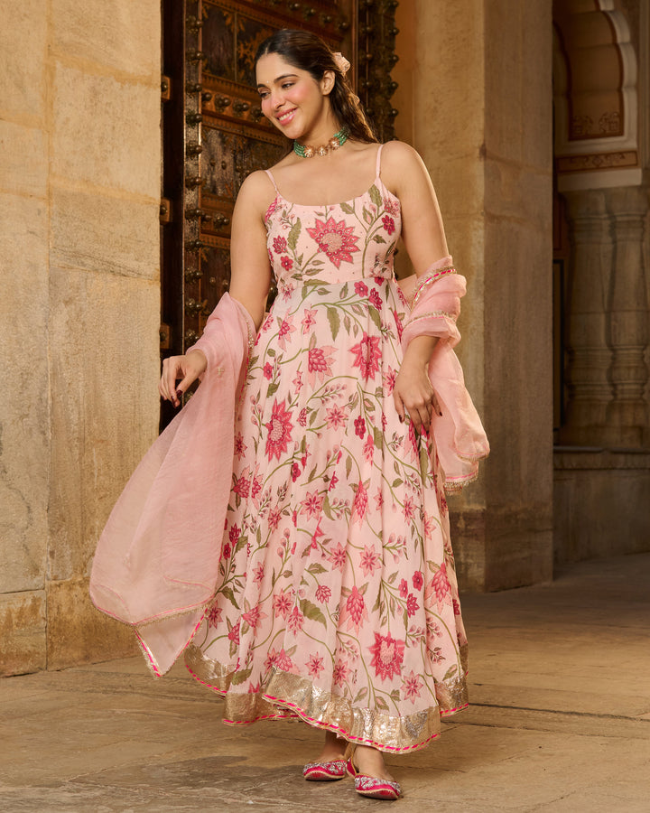 Belle Baby Pink Printed Viscose Organza Suit Set