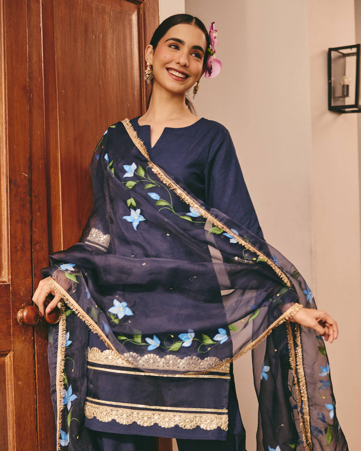 Lace Blue Handpainted Cotton Suit Set