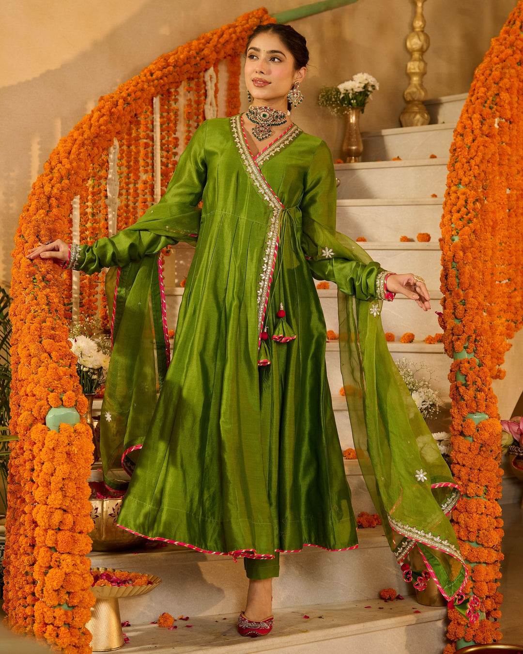 Anandi Green Solid Chanderi Suit Set