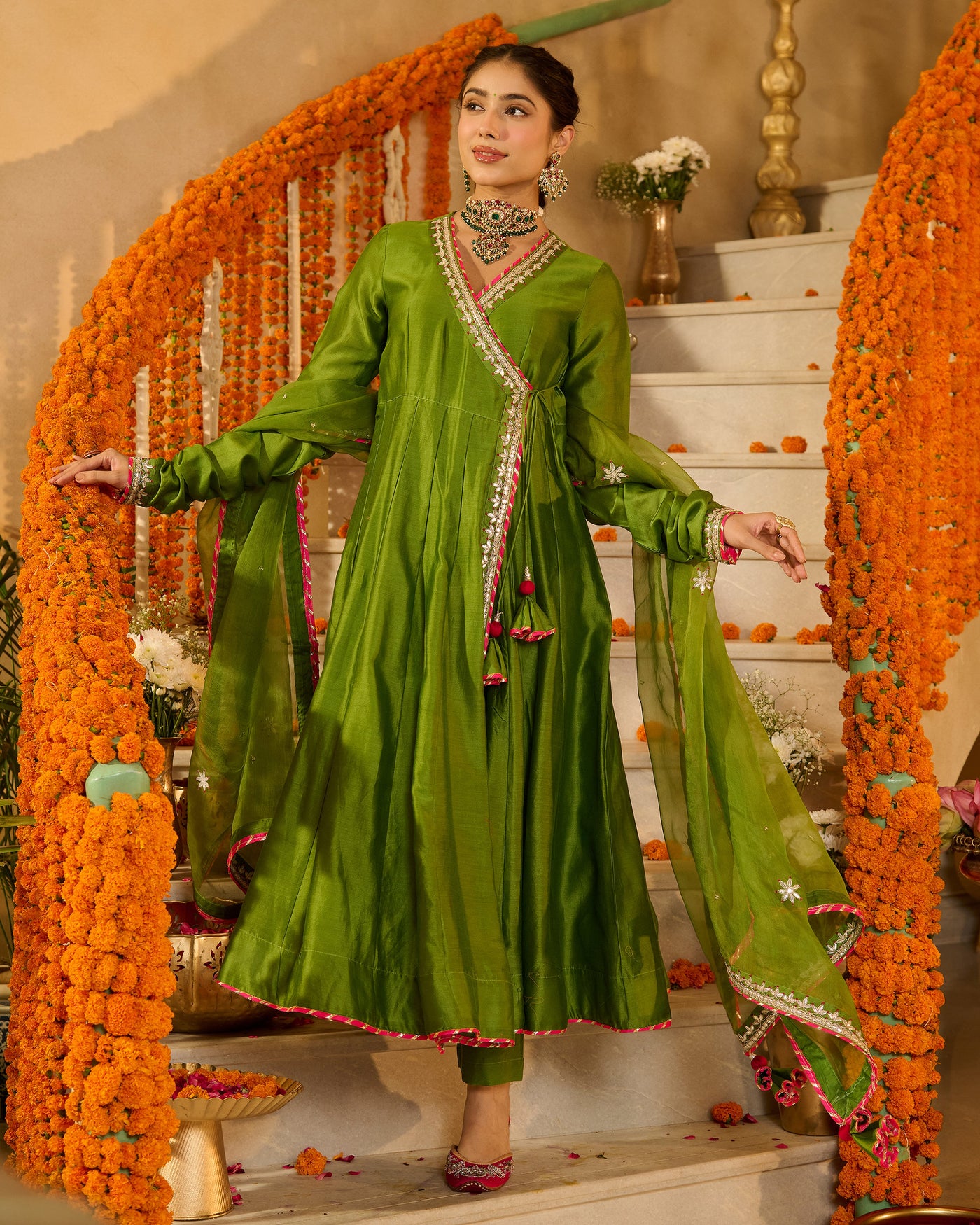 Anandi Green Solid Chanderi Suit Set