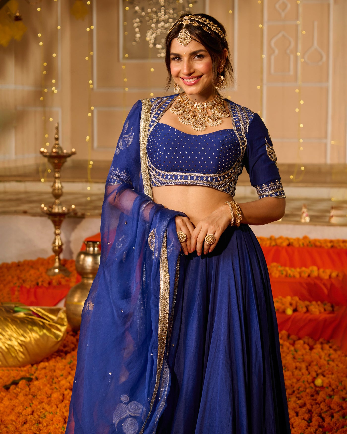 Kanika Blue Solid Chanderi Lehenga Set