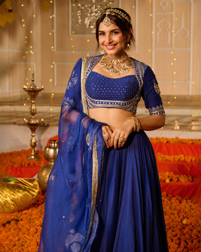 Kanika Blue Solid Chanderi Lehenga Set