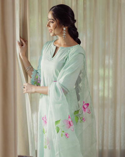 Mirage Mint Green Handpainted Chanderi Suit Set