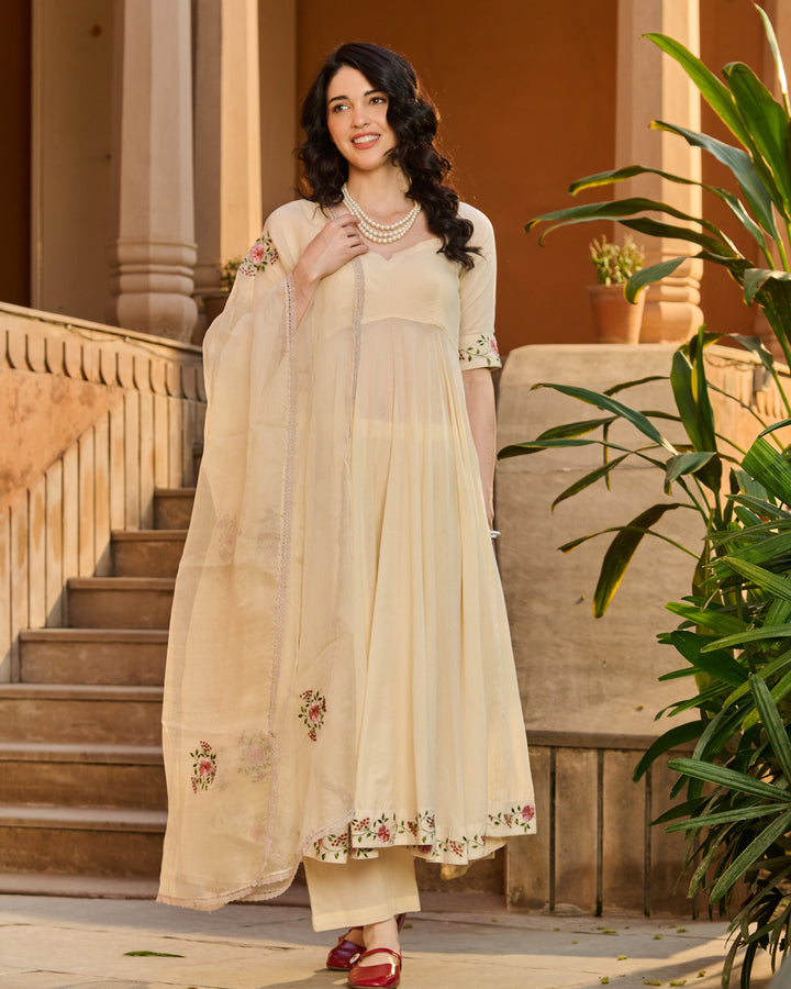 Nazra Cream Embroidered Cotton Suit Set