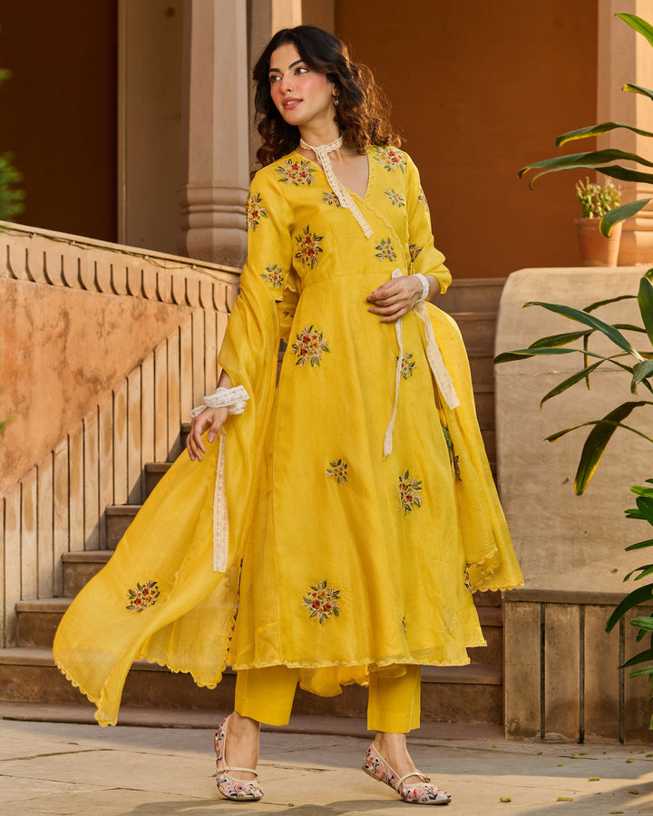 Kesari Yellow Embroidered Doria Suit Set