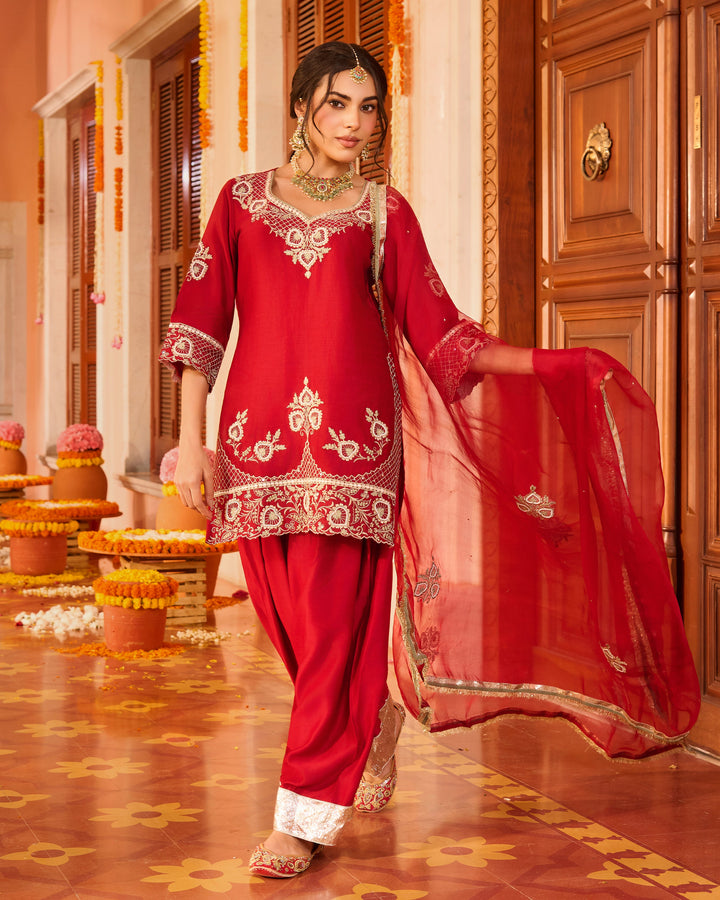 Shubhika Red Embroidered Chanderi Farsi Salwar Set