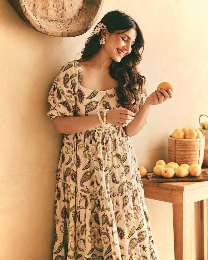 Alya Off White Cotton Printed Dress
