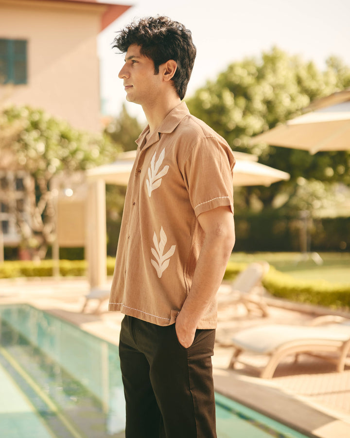 Kimo Brown Cotton Flex Embroidered Shirt