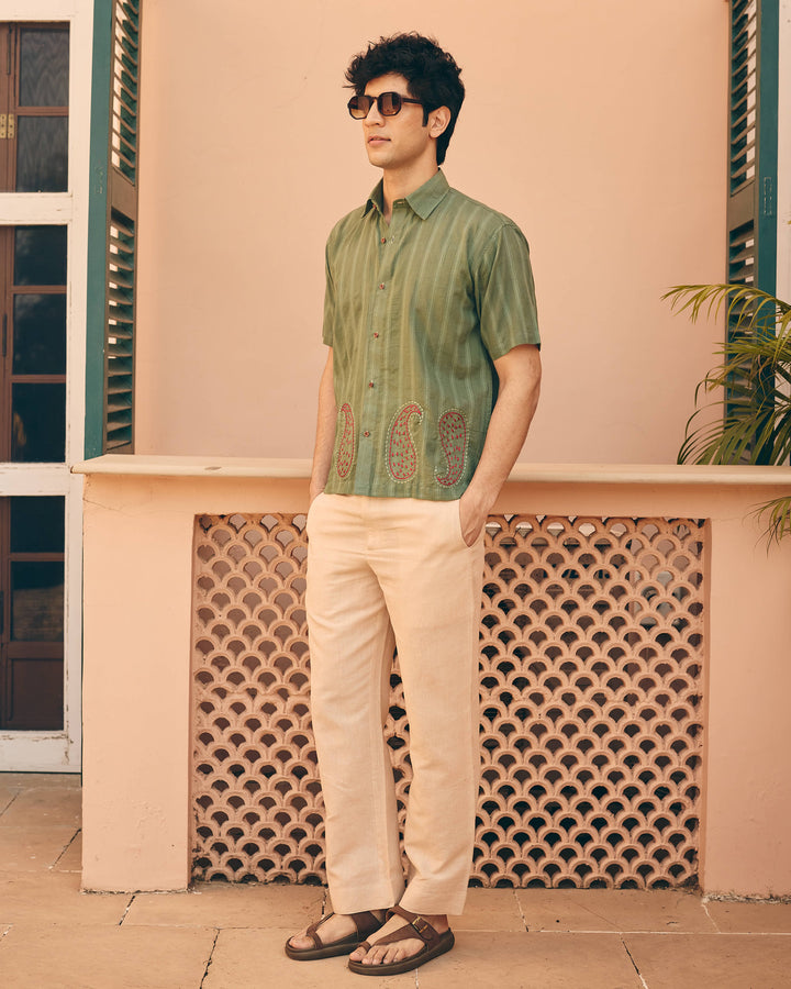 Garo Green Cotton Dobby Embroidered Shirt