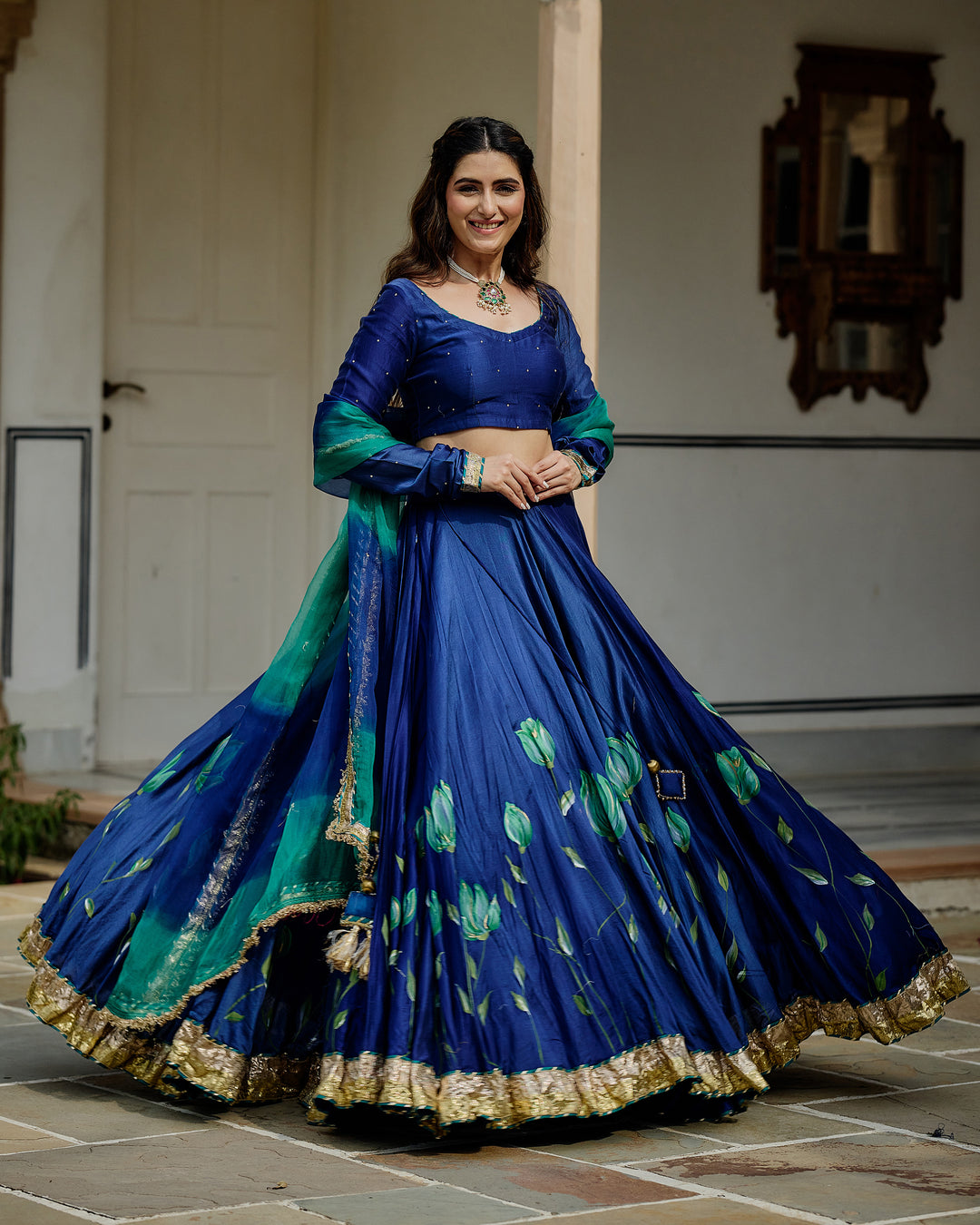 Varnesha Blue Handpainted Chanderi Lehenga Set