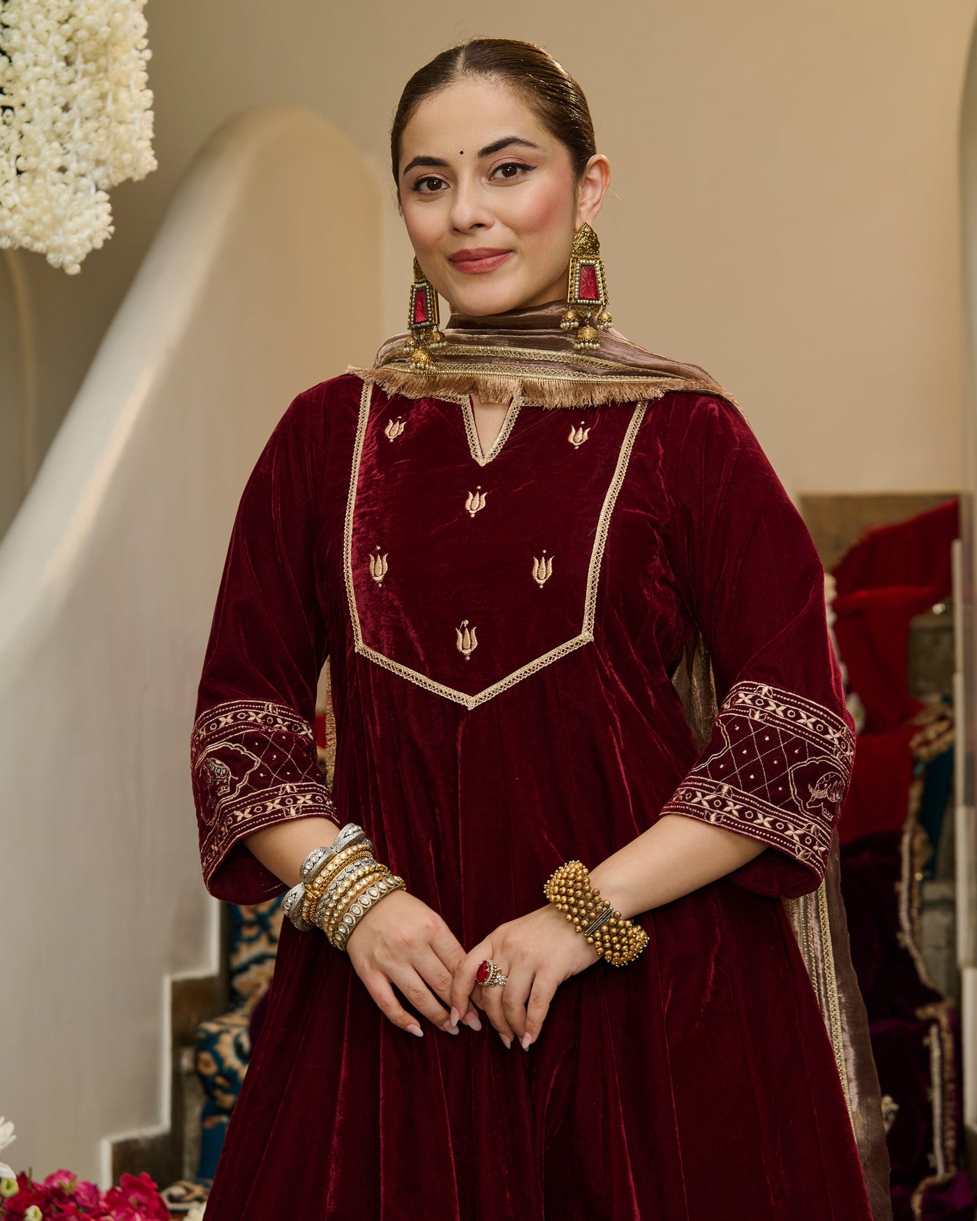Ivaan Maroon Embroidered Velvet Suit Set