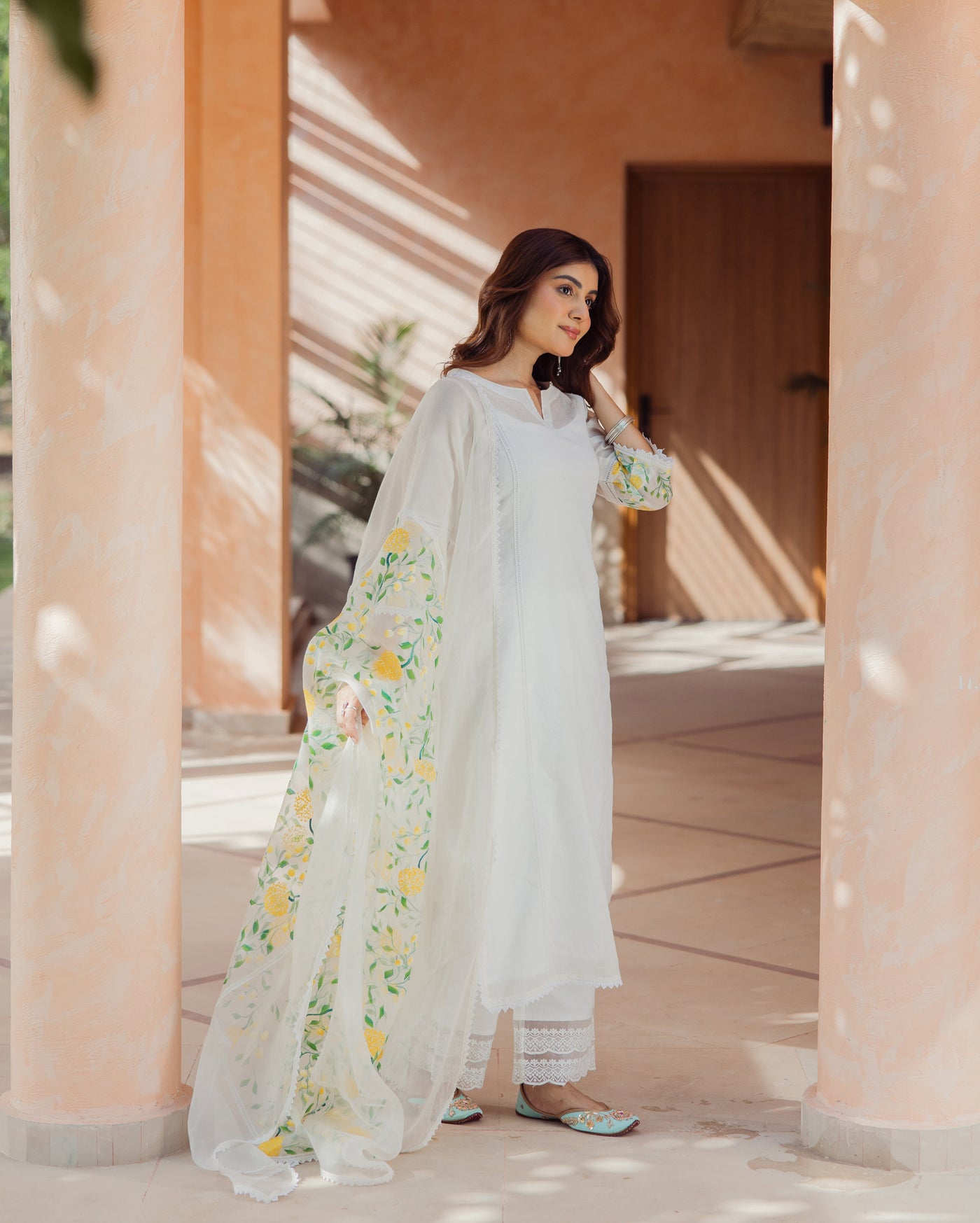 Swirl Off White Handpainted Chanderi Suit Set