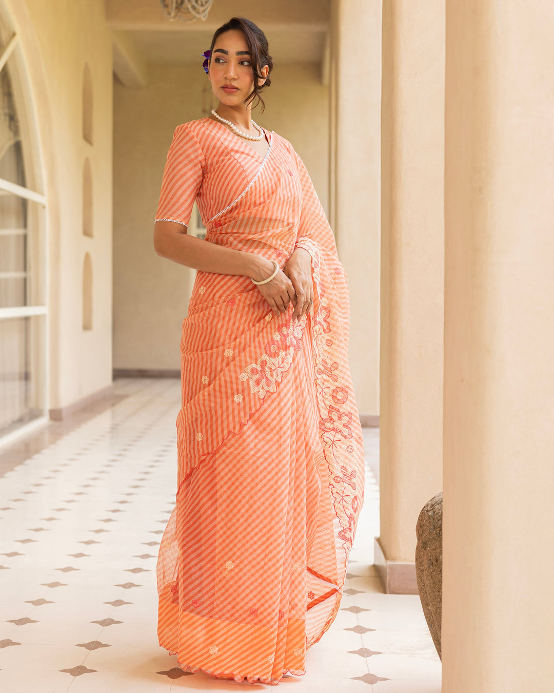 Raya Peach Doria Embroidered Saree
