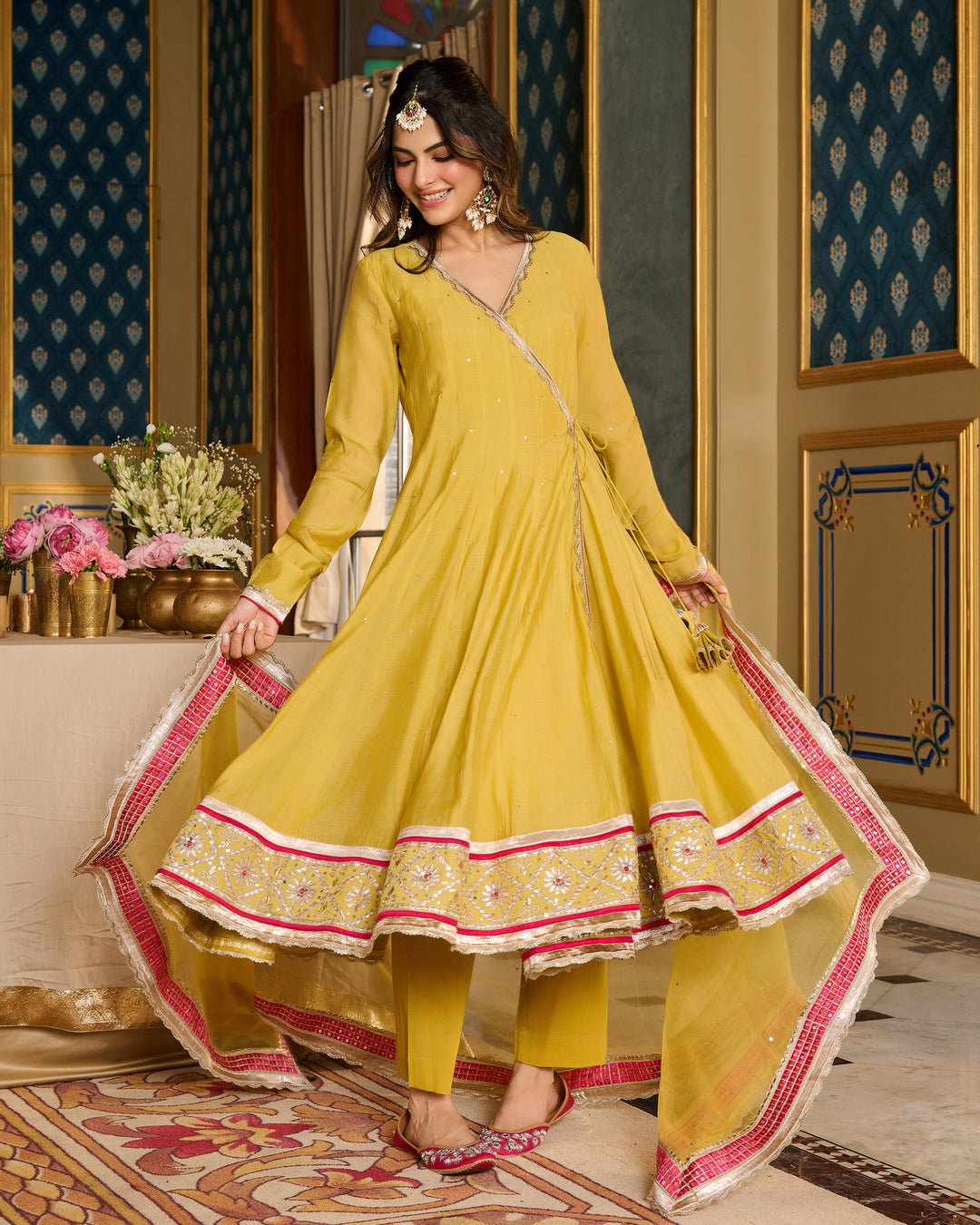 Samridhi Lime Green Embroidered Chanderi Suit Set