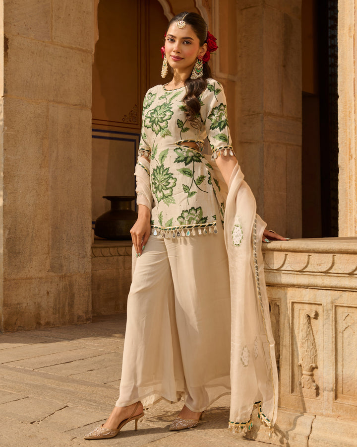 Opal Grey Printed Chanderi Suit Set