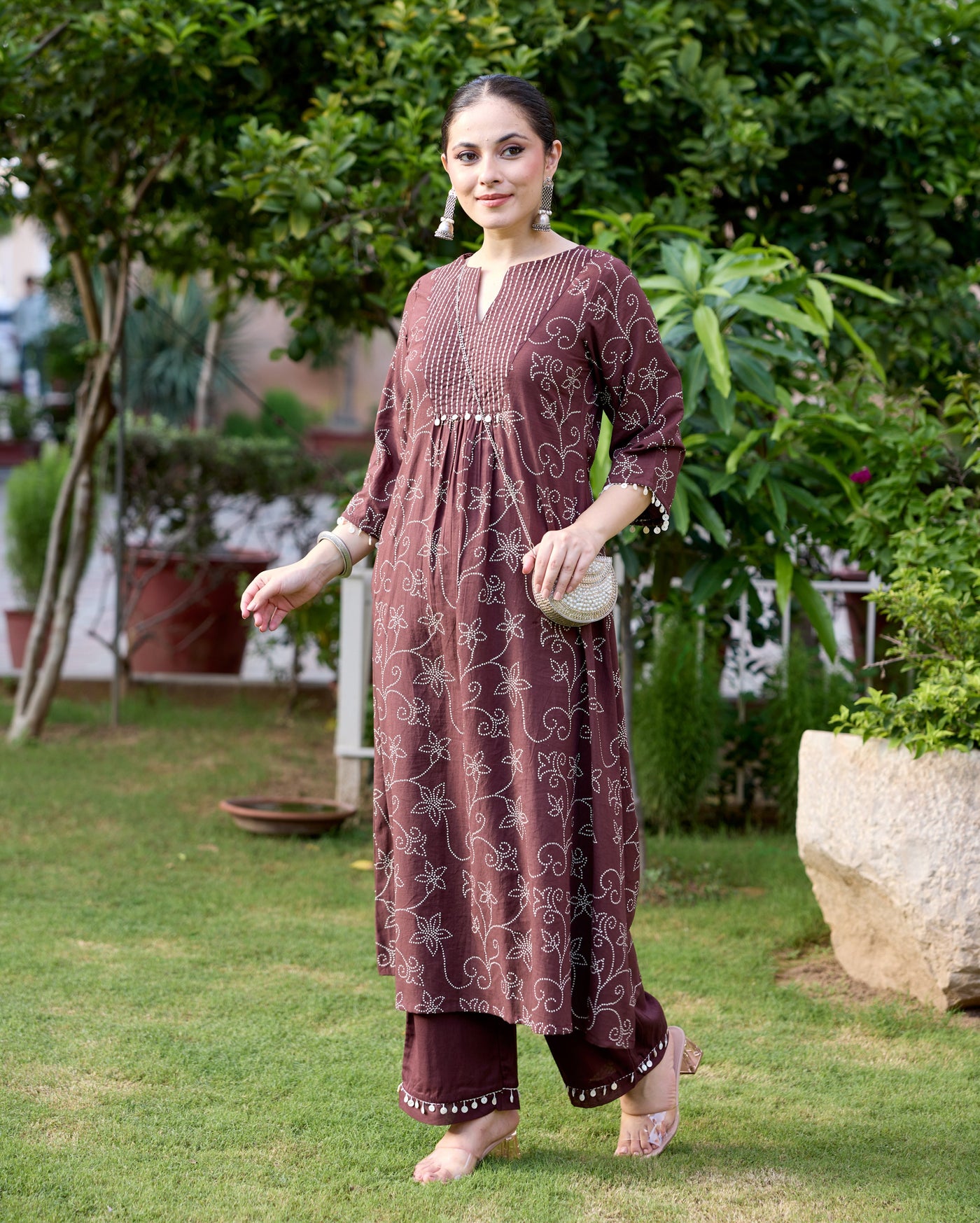 Nida Brown Bandhani Cotton Kurta Set