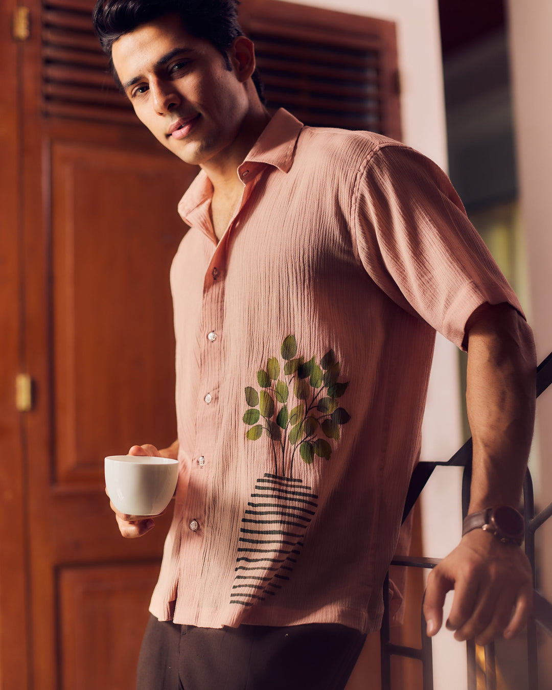Nikhil Beige Cotton Crush Handpainted Shirt